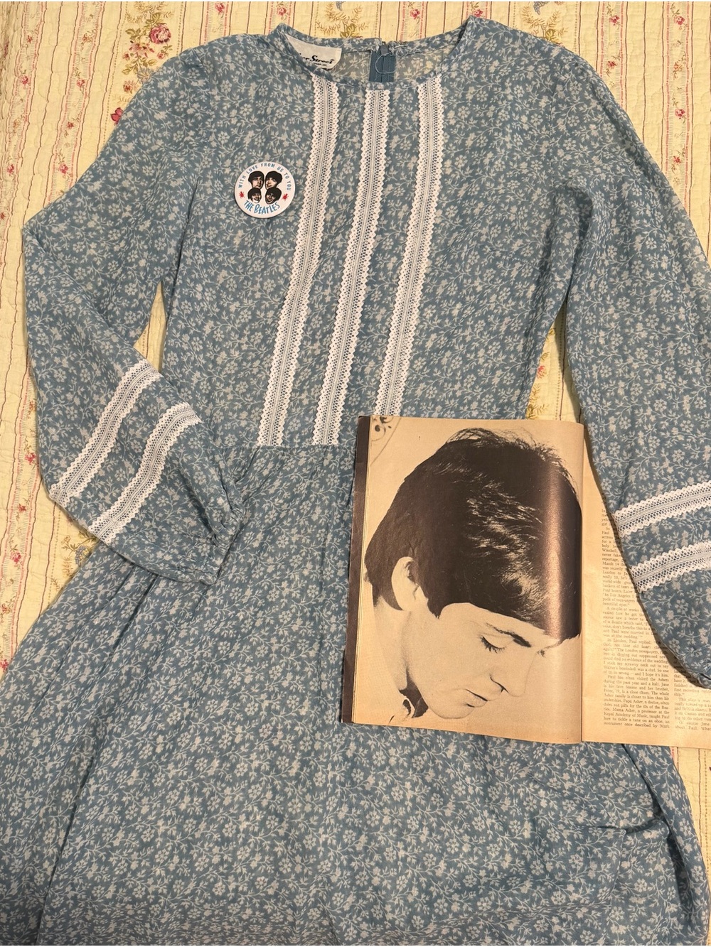 True Vintage 60s 70s Bleeker Street Prairie Dress Blue Floral White Midi XS S